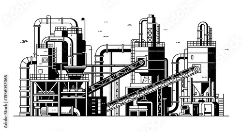 Detailed Black and White Illustration of an Industrial Plant Complex.