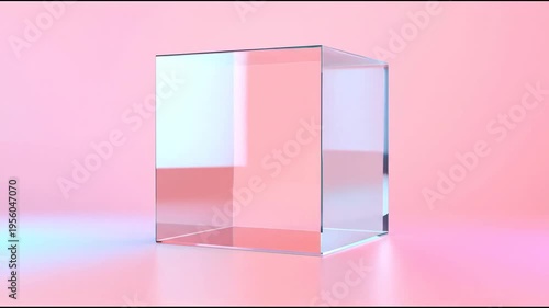 Transparent cube on pink background abstract geometric design element