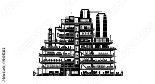 Detailed Cross-Section of a Multi-Story Building with Occupants.