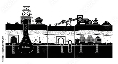 Detailed Cross-Section of an Underground Mining Operation and Infrastructure.