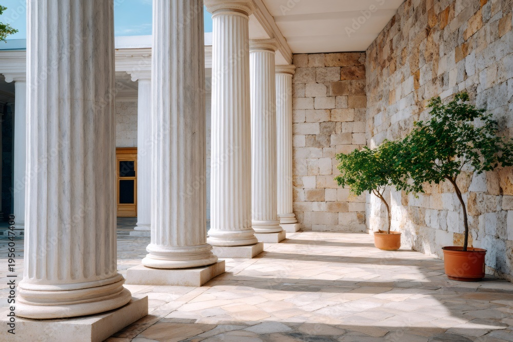 Obraz premium Classical architecture courtyard with fluted columns and stone wall