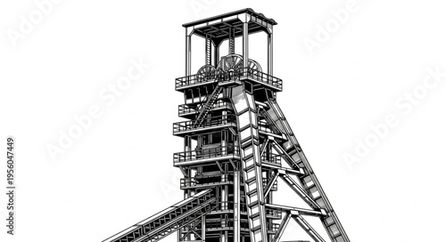 Detailed Illustration of a Coal Mine Headframe Structure.