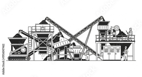 Detailed Illustration of a Coal Processing Plant with Conveyor Belts.