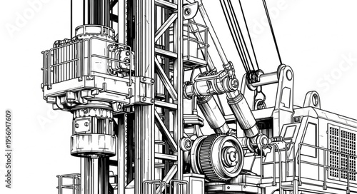 Detailed Illustration of a Heavy-Duty Drilling Rig Machine.