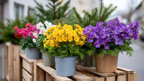 Colorful potted spring flowers displaying on wooden crates