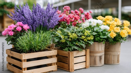 Colorful potted flowers and plants decorating garden center