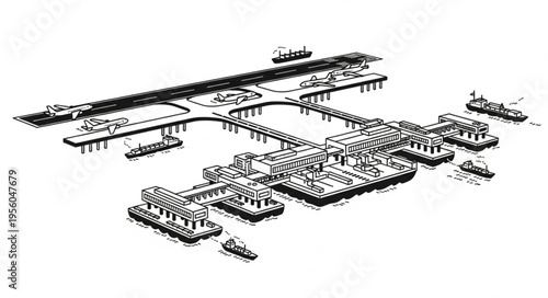 Detailed Illustration of a Large Port Facility with Multiple Docks.