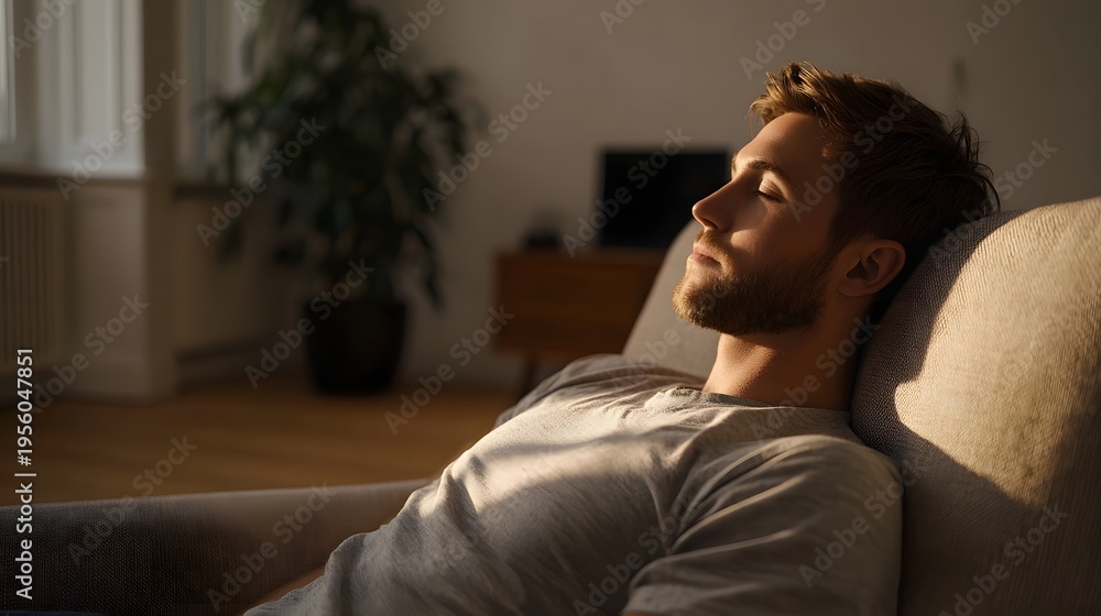 Fototapeta premium A man with closed eyes rests peacefully on a couch bathed in warm sunlight streaming into a modern living room