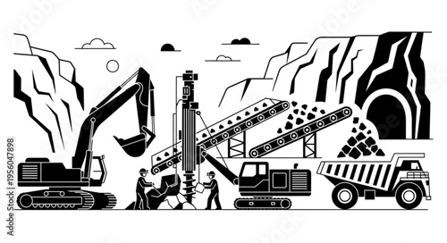 Detailed Illustration of an Active Mining Site with Heavy Machinery.