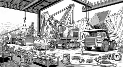 Detailed Illustration of Heavy Mining Equipment Undergoing Maintenance.