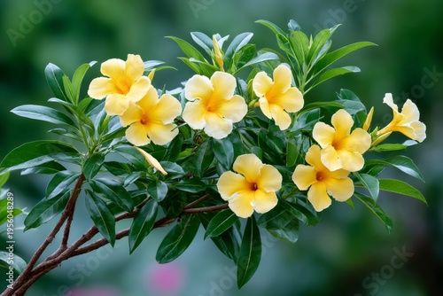 Yellow Mandevilla flowers blooming on green vine