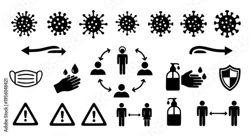 Coronavirus prevention icons set featuring medical masks hand washing social distancing and virus symbols for pandemic safety guidelines and health awareness