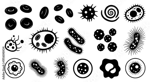 Microscopic bacteria and virus cell icons set featuring various pathogen shapes like cocci bacilli and spirillum for medical science and biology design