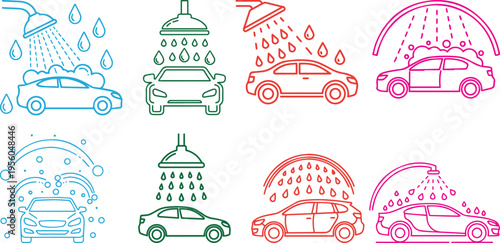 Car wash icons set: water spray and suds on vehicles, flat design eps 10