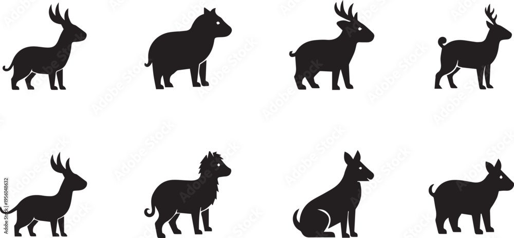Fototapeta premium Collection of animal silhouettes: deer, antelope, sheep vector illustration eps 10