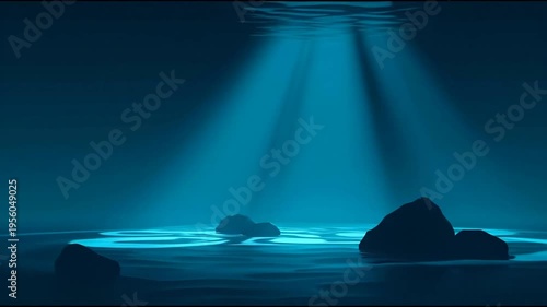 Underwater scene with light beams and rocks abstract visuals