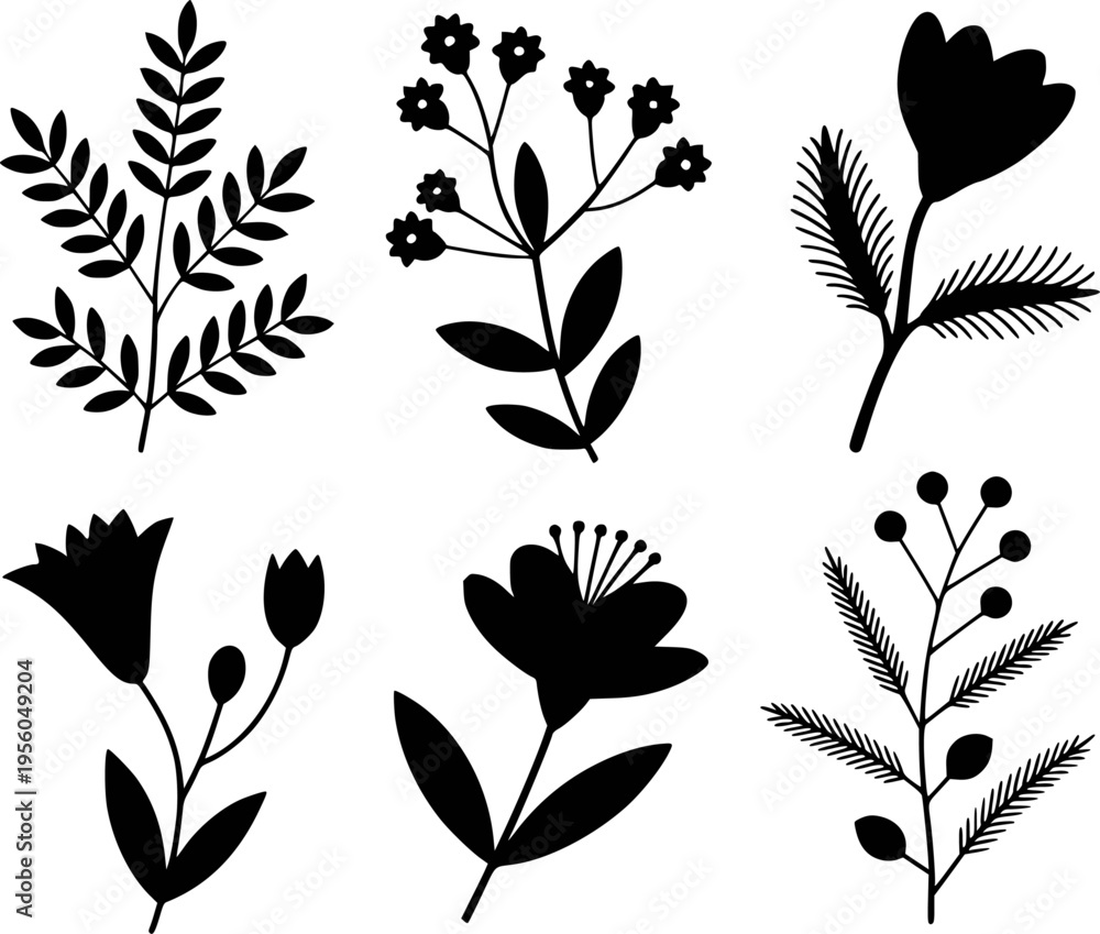Fototapeta premium Black Silhouette Botanical Including Flowers Leaves and Berries White Background