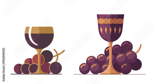 Wine cup and grape, minimal geometric forms, deep red purple and gold color palette, vector set in modern flat style, isolated on transparent background