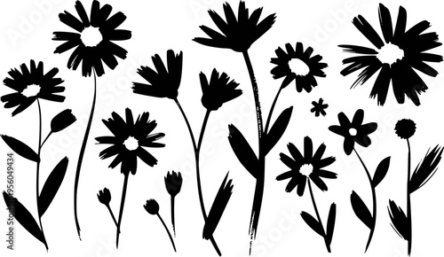 Black Silhouette Daisy Flowers with Brushstroke Petals White Background Isolated