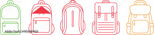 Five colorful outlined backpacks in different styles and colors including green orange and red