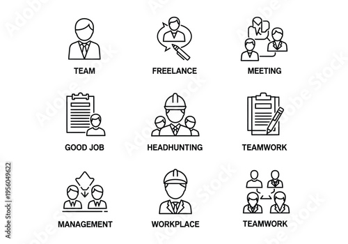 Workplace and Teamwork Icons – Leadership, Collaboration, Meetings and Office Illustration