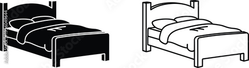 Black and white line art beds with pillows and headboards Vector