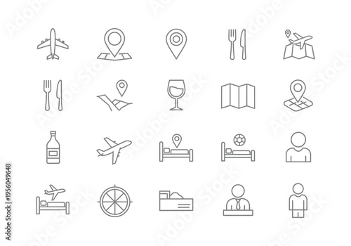 Travel and Hospitality Icons – Airplane, Hotel, Dining, Transportation and Tourism Illustration
