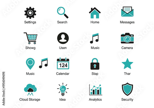 Digital Services and App Icons – UI, Settings, Messaging, Shopping and Technology Vector Illustration