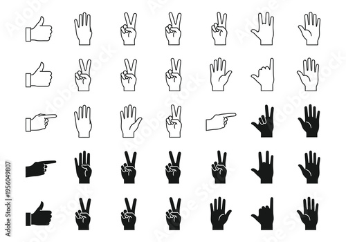 Hand Gesture Icons – Thumbs-Up, Peace, Fist and Communication Line Art Illustration