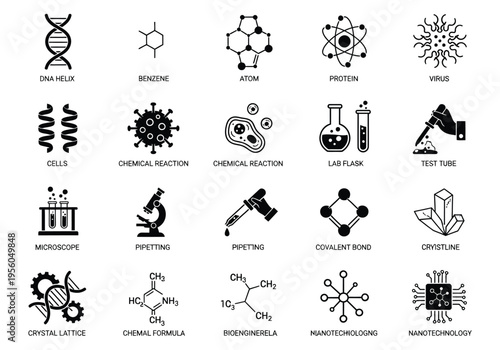 Science and Laboratory Icons – DNA, Chemistry, Biology, Microscope and Experiment Illustration