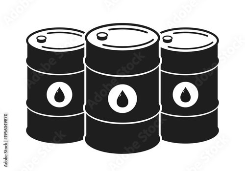 Three black oil barrels with droplet symbols standing together
