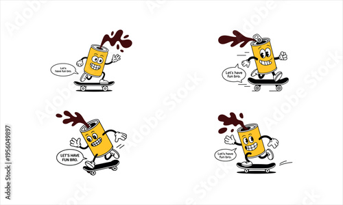 Cartoon soda can character skateboarding and spilling liquid Keywords: cartoon, soda can
