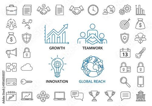 Business Strategy and Growth Icons Teamwork, Innovation, Global Expansion and Success Concept Illustration