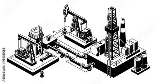 Detailed Oil Rig Illustration - Extracting Resources with Pumpjacks and Derrick.