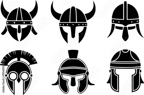 Collection of Black Viking and Roman Warrior Helmets Isolated White Background ancient