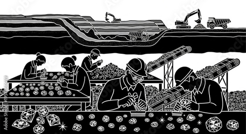 Diamond Mining Operation - Workers Sorting Gems, Heavy Machinery in Background.