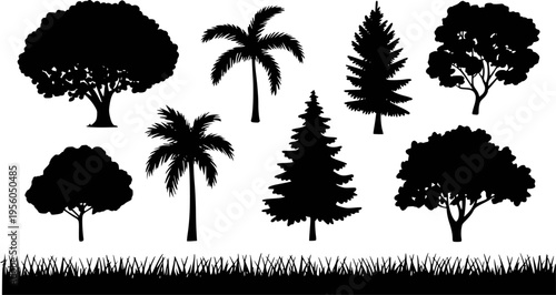 Collection of diverse black tree silhouettes including palm and evergreen varieties with grass border