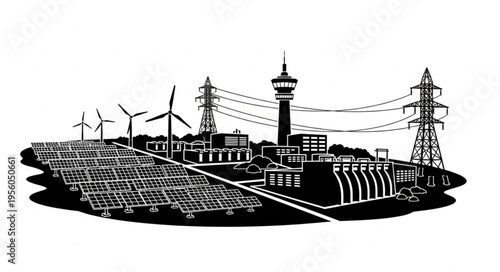 Diverse Energy Production Landscape - Solar, Wind, and Industrial Power.