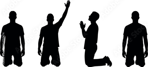 Silhouette of man kneeling in prayer and worship, set of religious poses with raised hand, praying hands, and humble posture.