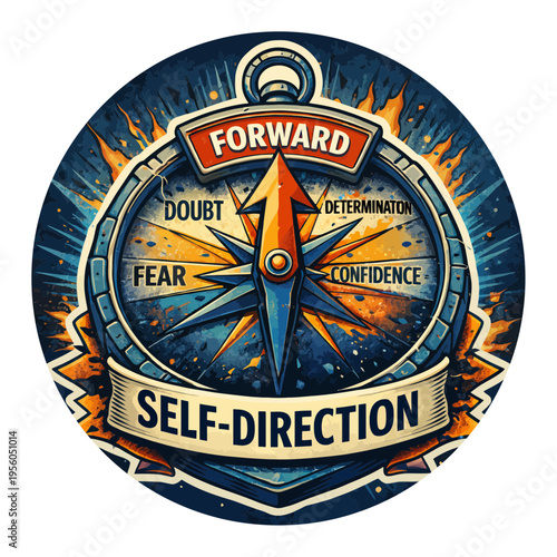 Compass Icon Marked with Emotions Pointing Forward – Self Direction Concept Sticker | Emotional Compass Guiding the Path Ahead – Personal Growth Illustration Sticker | Minimal Compass Showing Feeling