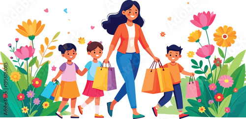 Happy mother and children shopping together in a spring garden with colorful flowers
