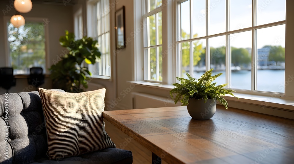 Naklejka premium A stylish co working space interior featuring a comfortable sofa wooden table and a large window with a serene waterfront view bathed in natural