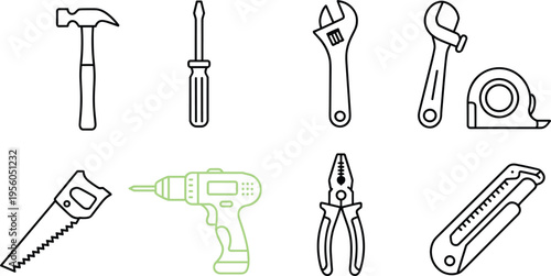 Set of various hand and power tools including hammer screwdriver wrench pliers measuring tape and electric drill