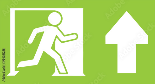 Green emergency exit sign with a white pictogram of a person running through a doorway and an upward-pointing arrow, indicating an escape route.