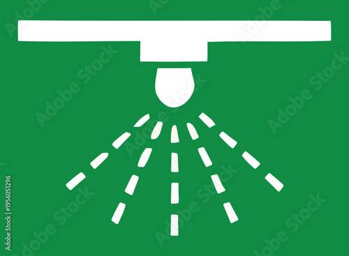 Green safety sign depicting a white fire sprinkler system head spraying water, indicating fire suppression or emergency equipment.