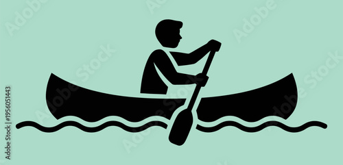 A simple black silhouette icon of a person paddling a canoe on water, set against a light green background, representing outdoor activities and water sports.