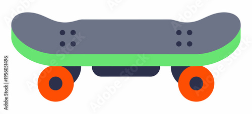 Flat design illustration of a skateboard with grey deck, green trim, and orange wheels.