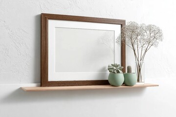Horizontal wooden poster frame on wall, mock up for picture, print or photo frame