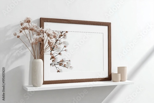 Horizontal wooden poster frame on wall, mock up for picture, print or photo frame