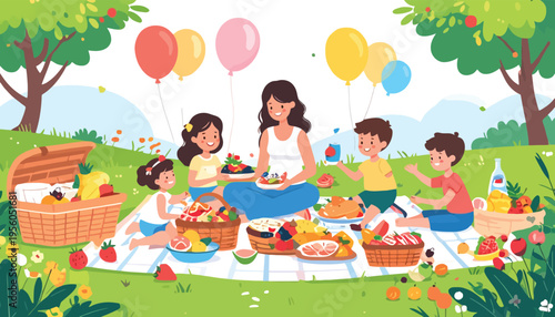 Happy family enjoying a picnic in a sunny park with fruits and balloons